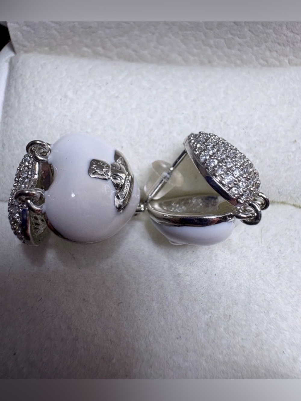 White Heart Drop Earrings with Crystal Pavé Tops - Picture 3 of 4
